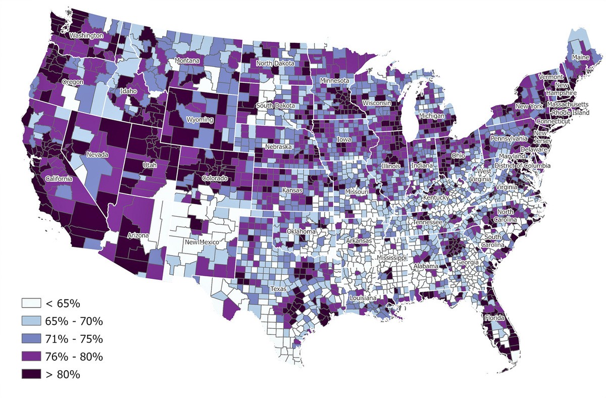 A map of the contiguous United States shows gaps in broadband coverage, particularly in parts of the South and the West.