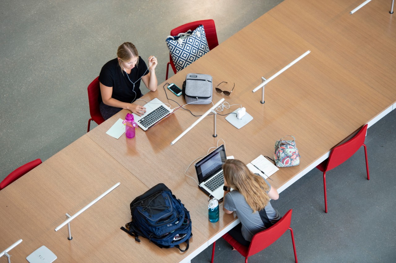 An aerial view of two female students studying for their college class.