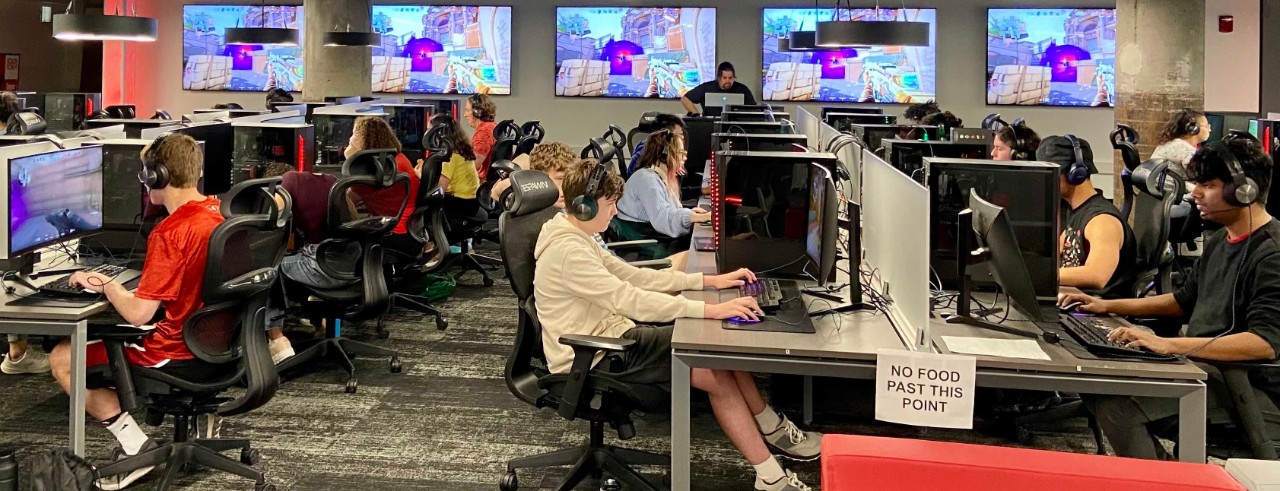 High school students at the University of Cincinnati’s Early IT Summer Camp play video games at the UC Esports Innovation Lab located in UC’s 1819 Innovation Hub.