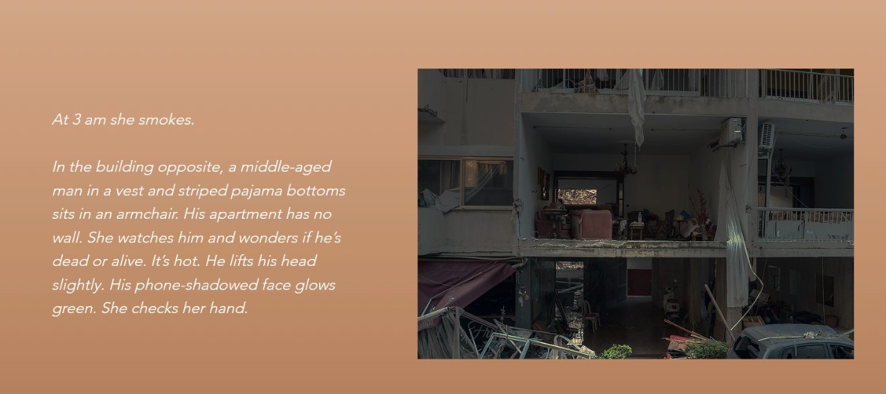 screen shot of the digital play with photo of bombed out building and text 