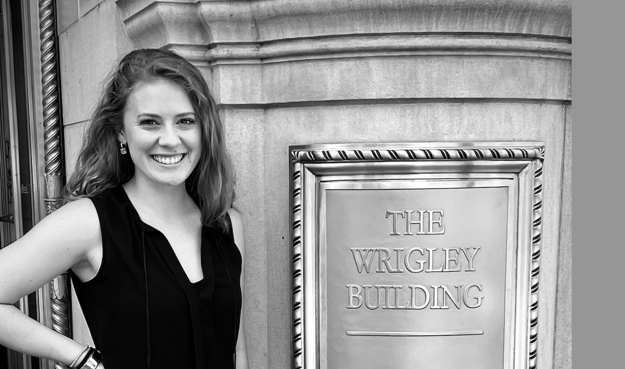 Madalyn O'Dea in front of the Wrigley Building where she did one of her co-ops