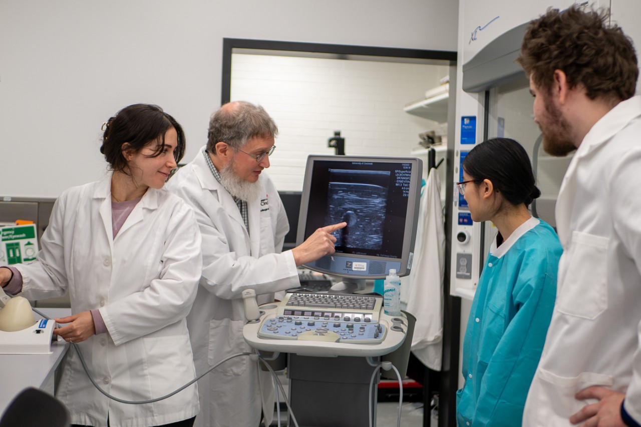 Researchers gather around a medical image projected on a screen.