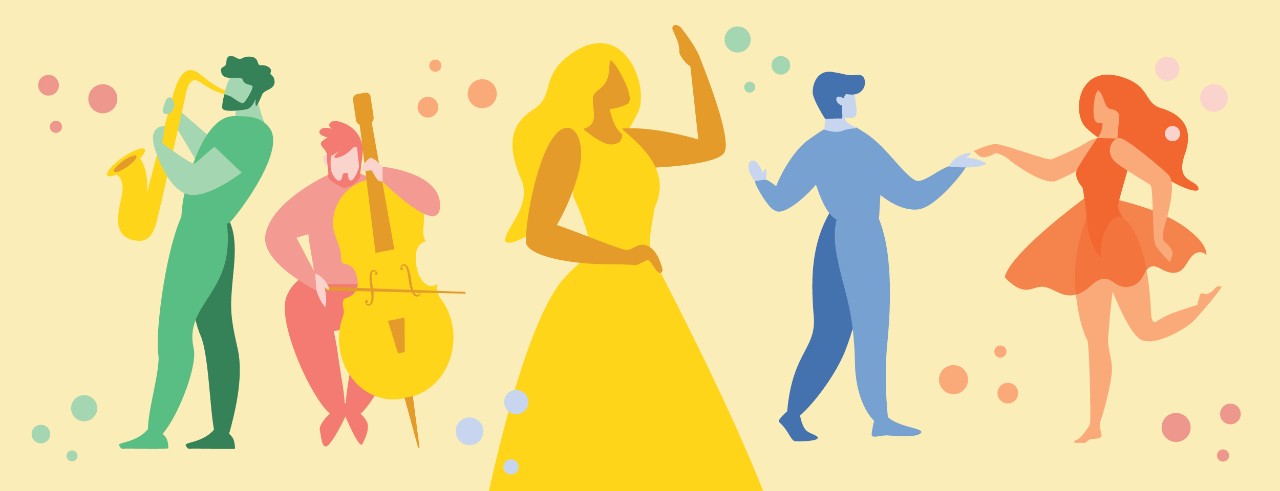 A colorful illustration of two musical performers, one singer and two dancers. Design/AttoStock