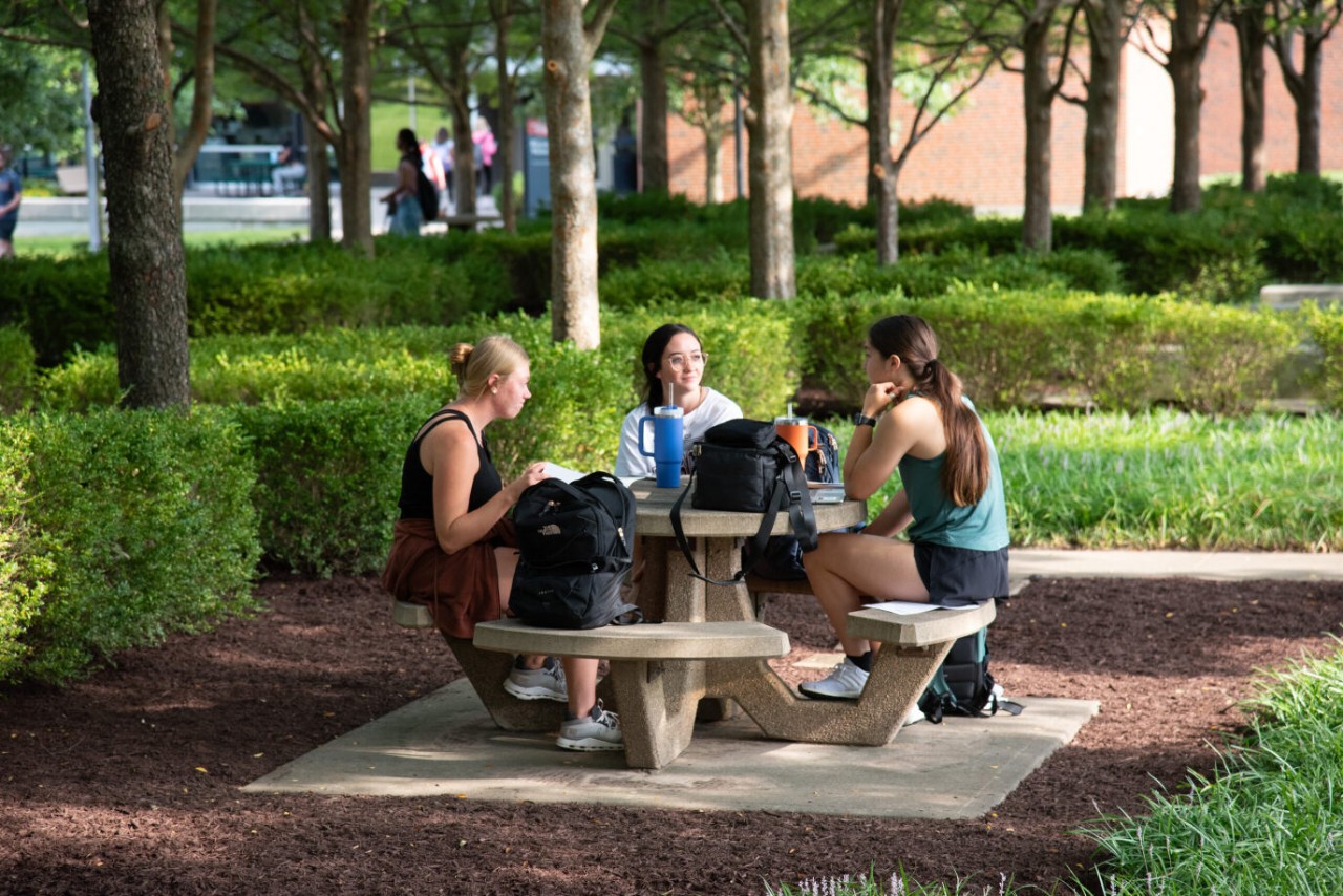 students sitting outside at a picnic table at UC Blue Ash