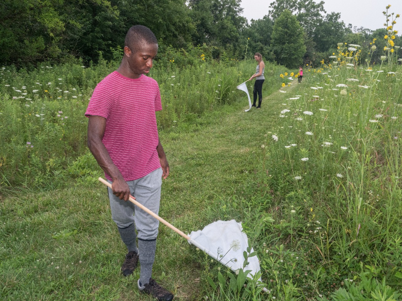 UC assistant biology professor Joshua Benoit is studying tick-borne illness at the UC Center for Field Studies in Crosby Township.  TICKS  l-r ,Joshua Benoit (blue shirt), Andrew Rosendale (beard), Benjamin Davis (red/pin stripe shirt), Madison Kimbrel (pink tank top), Alicia Fieler (gray shirt UnderArmor)