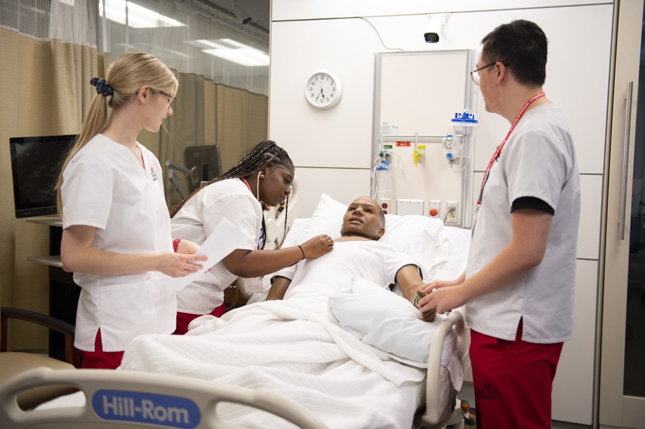 a group of nursing students with a mannequin patient in a simulation lab