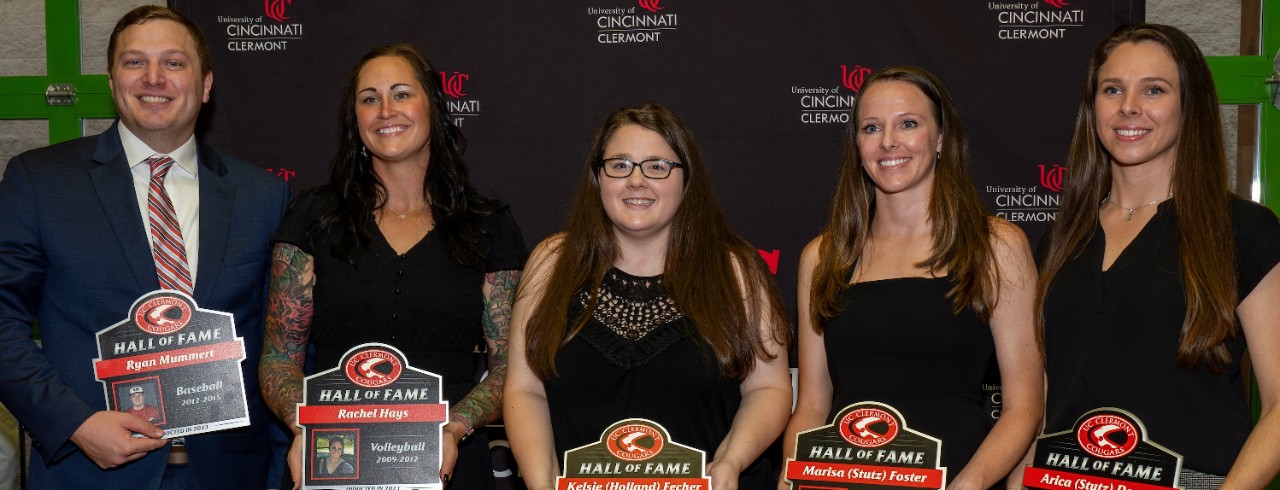UC Clermont 2023 Athletics Hall of Fame inductees, from left: Ryan Mummert, Rachel Hays, Kelsie Holland Fecher, Marisa Stutz Foster and Arica Stutz Dorsey.