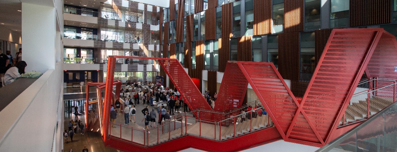 metal red stairways inside the new Clifton Court Hall building, 2023