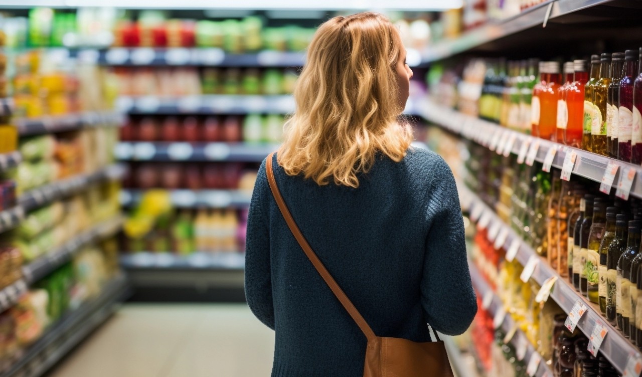 A woman looks at a grocery store shelf.