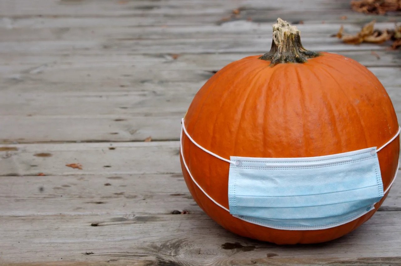 a photo of a pumpking with a surgical mask on it