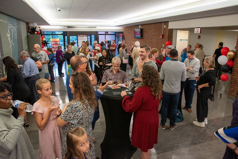 Overhead view of awards ceremony reception in Muntz Hall lobby