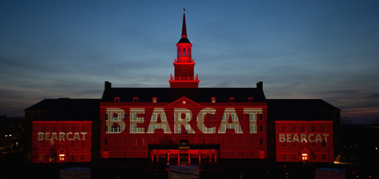 'Bearcat' lit up on campus building