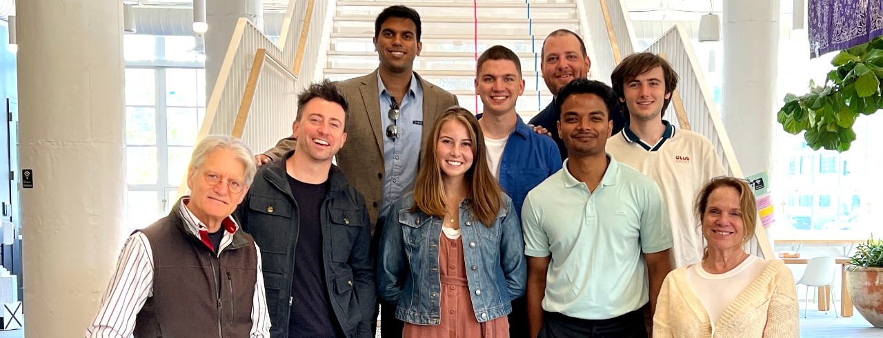 NEXT Innovation Scholars students and staff pose for a photo in front of stairs during a California trip.