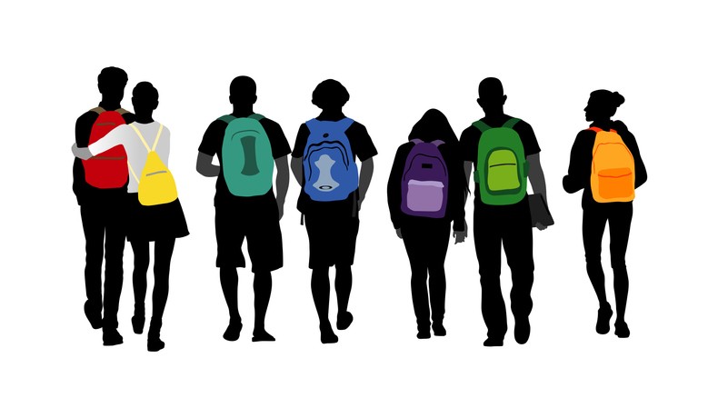 An illustration of kids in silhouette walking away with colorful backpacks