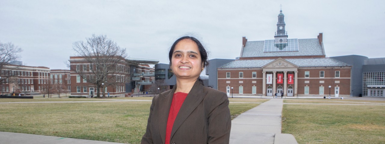 Shailaja Paik, PhD, history department associate professor shown here in her office McMicken Hall and on the campus of University of Cincinnati. UC/Joseph Fuqua II