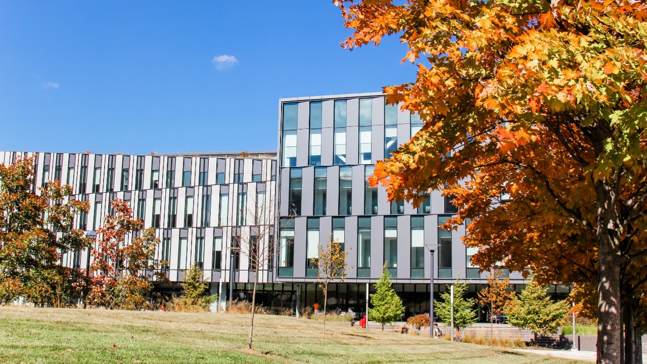 Lindner Hall exterior from southeast corner on a sunny autumn day