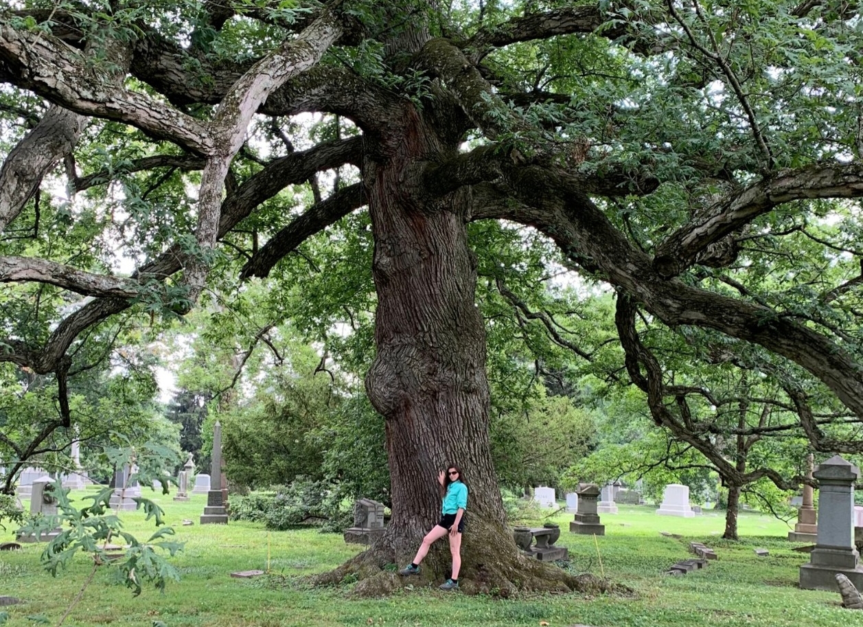 Kate Nordyke stands next to an enormous oak trees, the limbs of which stretch over her head nearly to the ground.