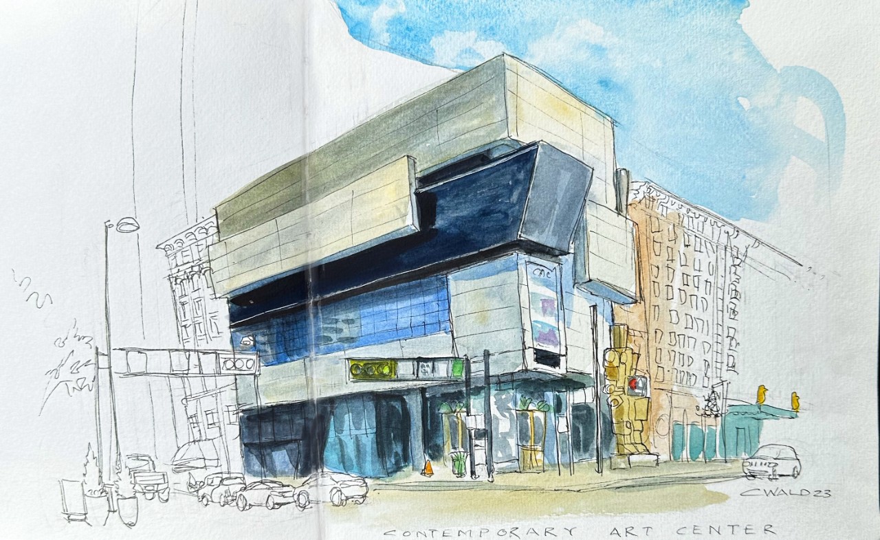 A sketch of Cincinnati’s Contemporary Arts Center by Christina Wald, 2023. 