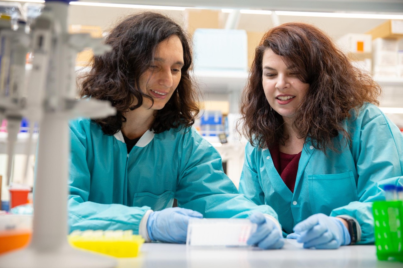 Andreja Moset Zupan, left, and Stacey Schutte clad in labcoats and gloves work at a lab bench in a biomedical engineering lab.