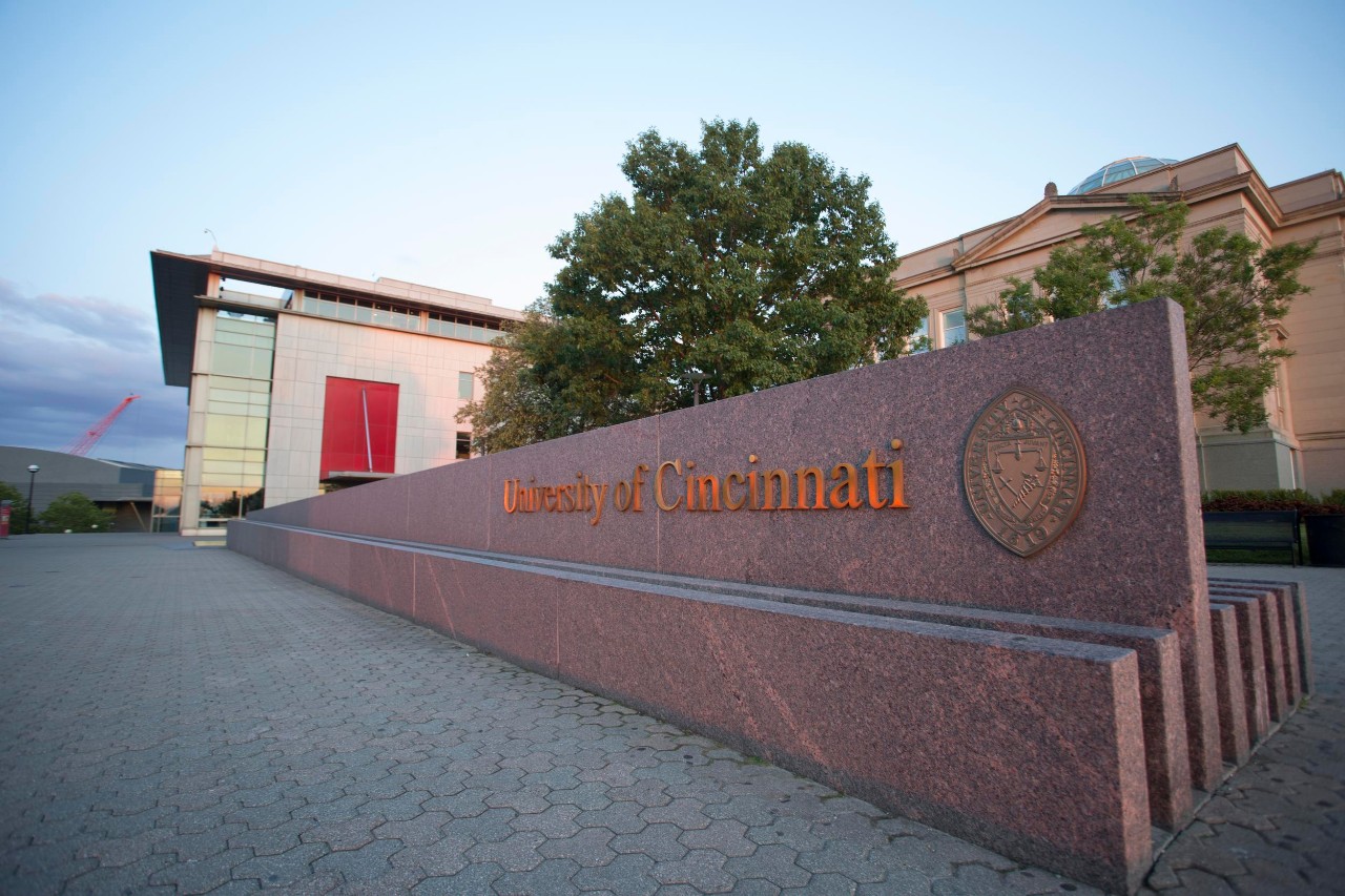 The entrance to the University of Cincinnati's campus with University Pavilion in the background.