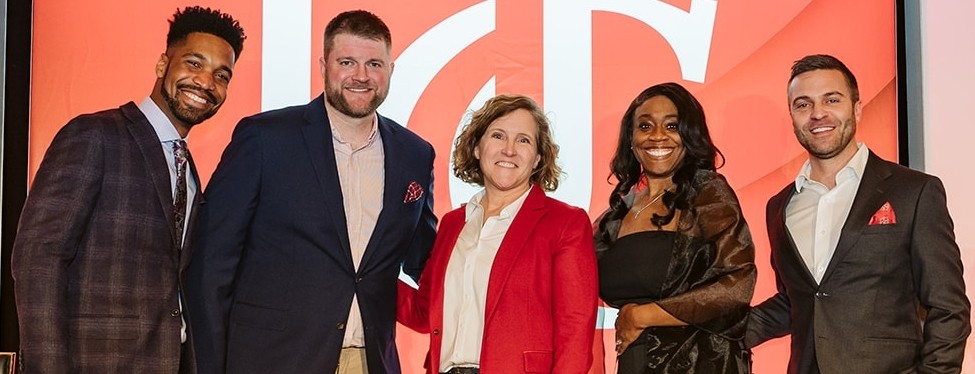 Left to right PACEsetter awardees from the 2023 Cincinnati Business Achievement Awardees Brandon Reynolds, (’15); Paul Bessire, (’04); Lindner Dean Marianne Lewis; Kesha Williams, PhD, CAHS ’02); Andrew Salzbrun, (’08).