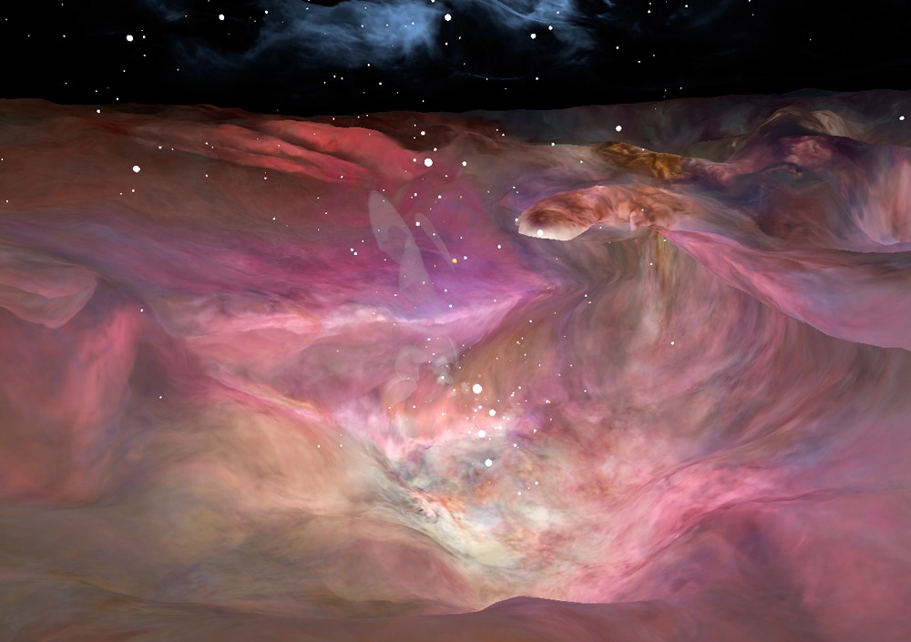 A swirling pink gas cloud captured in the Orion Nebula features white flecks of dust on a black starscape. 