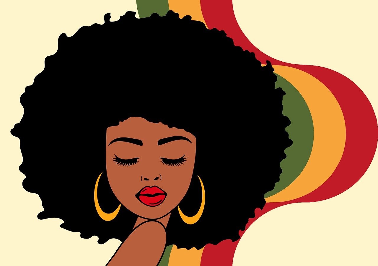 Black Future Month. Cartoon of a black woman with green, yellow, and red background. 
