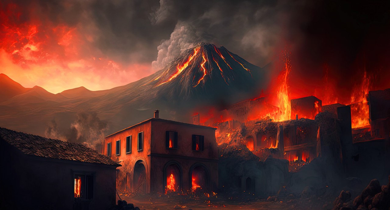 An illustration of Mount Vesuvius erupting with burning buildings in Pompeii in the foreground.