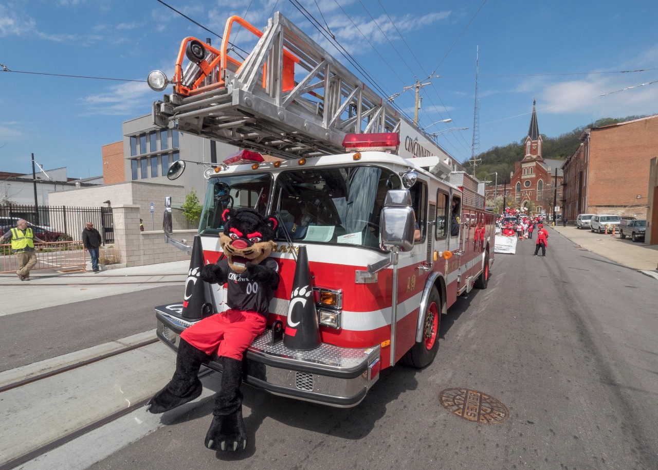 Bearcat Findley Market Parade, Opening Day Reds baseball, Fire truck Engine Company 19, upper Vine firehouse, Cheer leaders, Bearcats