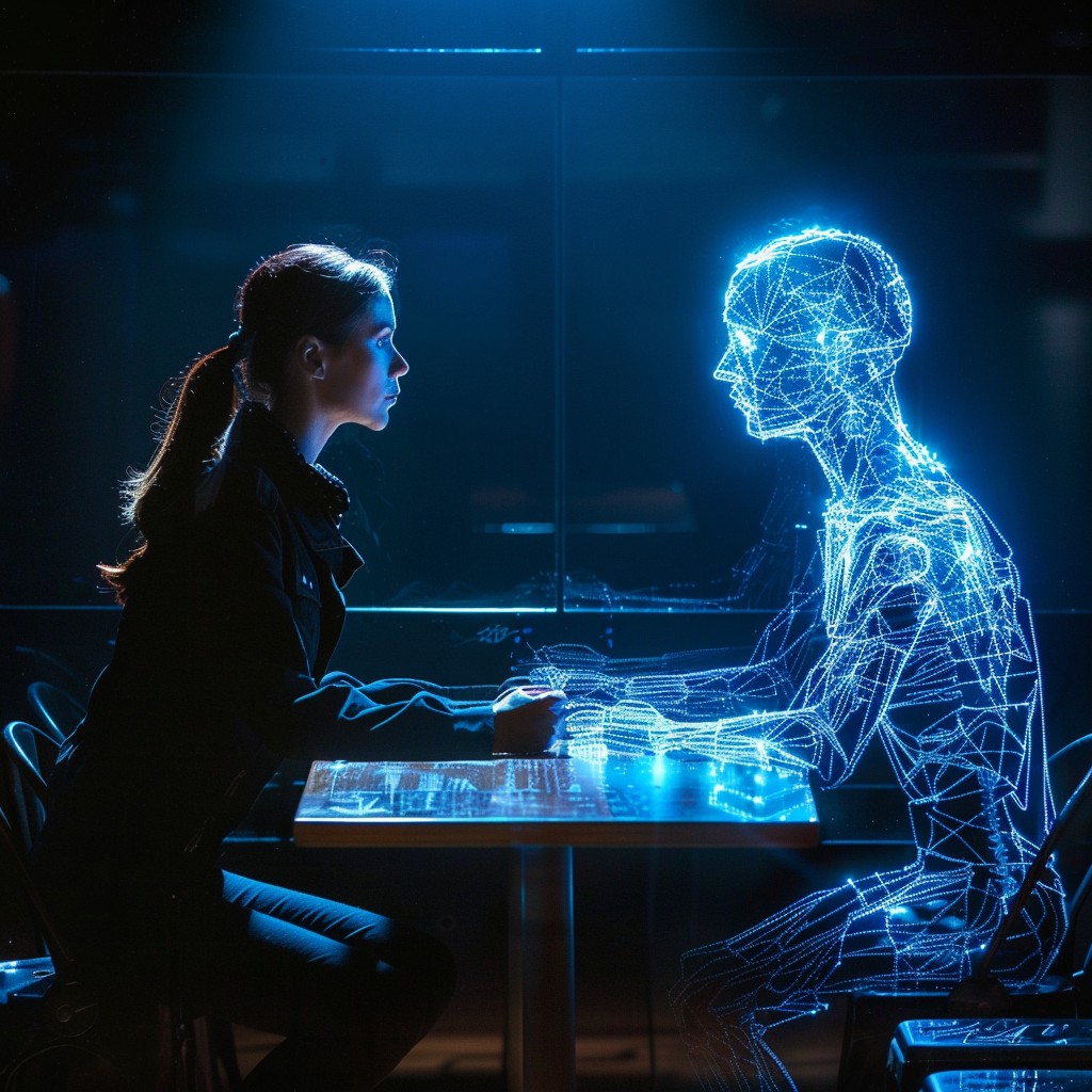 An AI-created image of a woman working at a desk with a computer, being assisted by the representation of artificial intelligence, as a blue hologram/light figure sitting next to her, helping her and collaborating with her. 