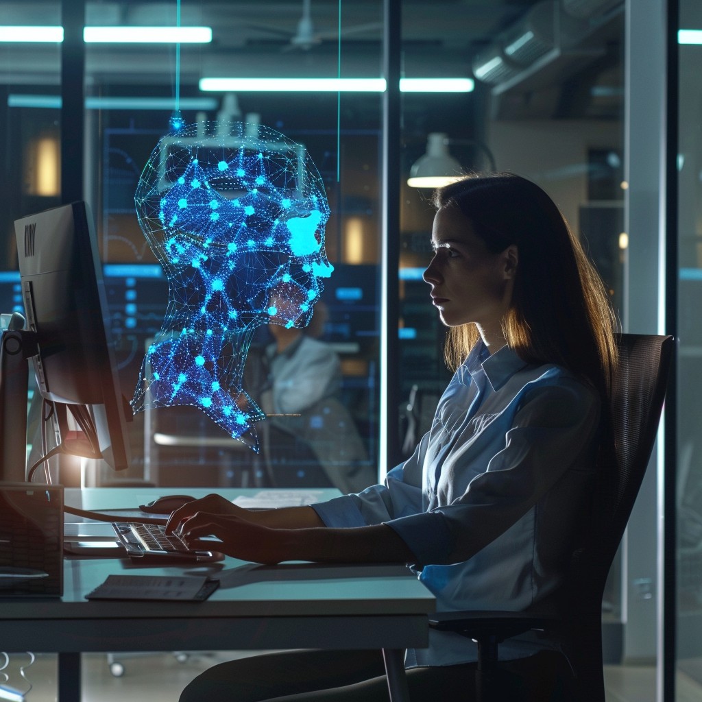 An AI-created image of a woman working at a desk with a computer, being assisted by the representation of artificial intelligence, as a blue hologram/light figure sitting next to her, helping her and collaborating with her. 