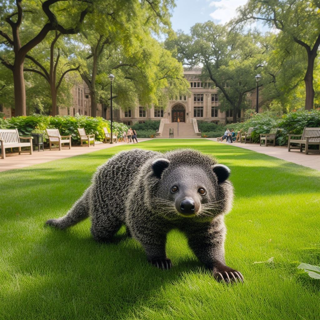 An AI-created image of a binturong, or bearcat, on a college campus. 
