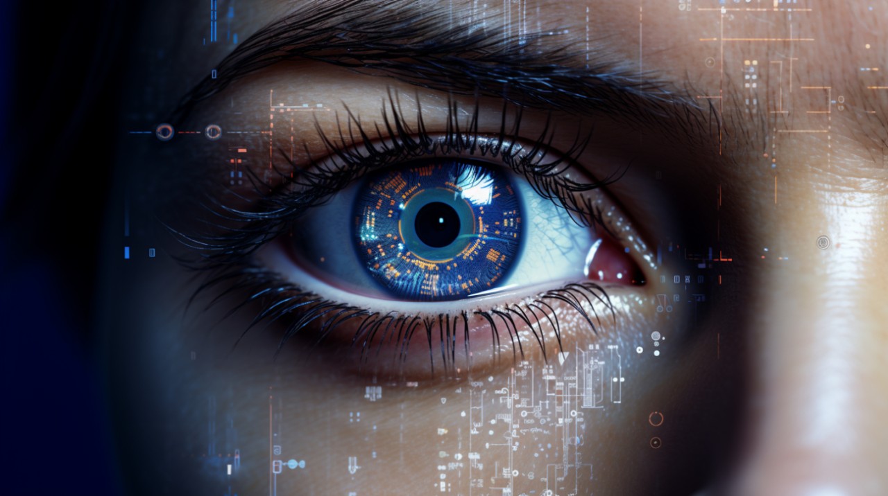 AI created image of a futuristic eye looking at technology.