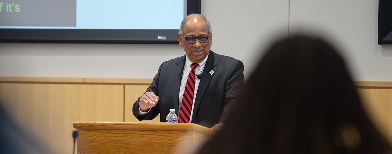 UC President Neville Pinto speaks during 2023 State of the University Update inside Kowalewski Hall in the UC College of Pharmacy.