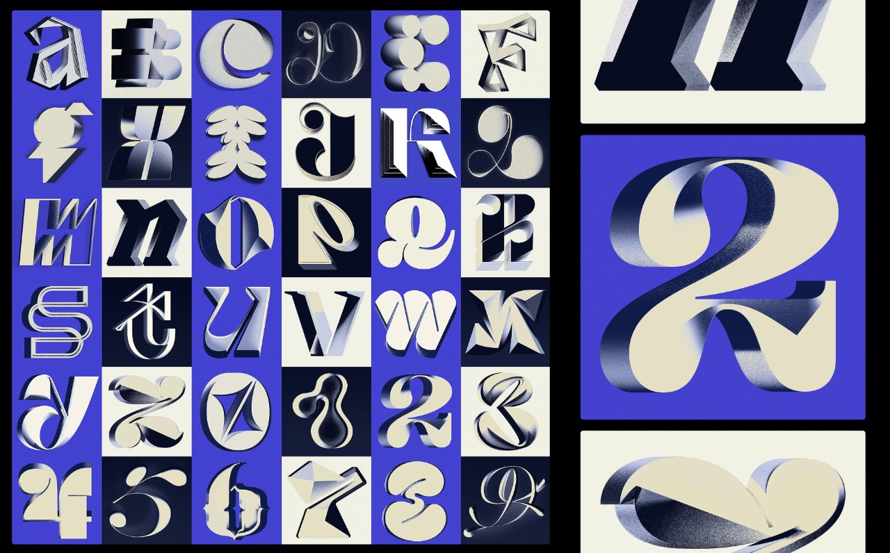 Spencer Roberts graphic of typography he developed. Left side shows full alphabet and right shows the number 2. The colors are a vibrant blue, and shades of white, black, and cream.