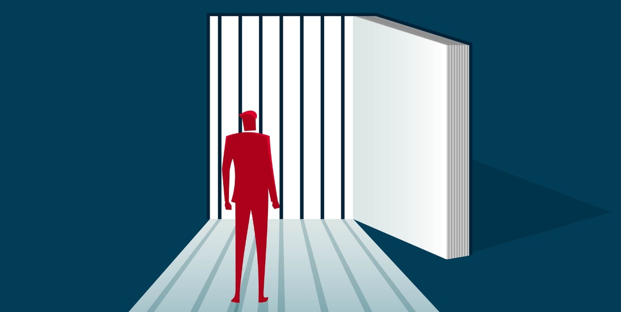 graphic design of red figure looking at prison bars