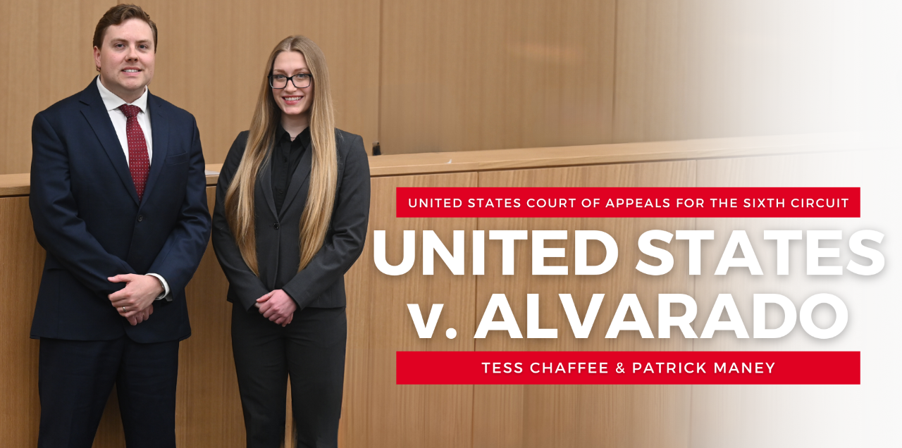 Tess Chaffee and Patrick Maney in UC Law court room
