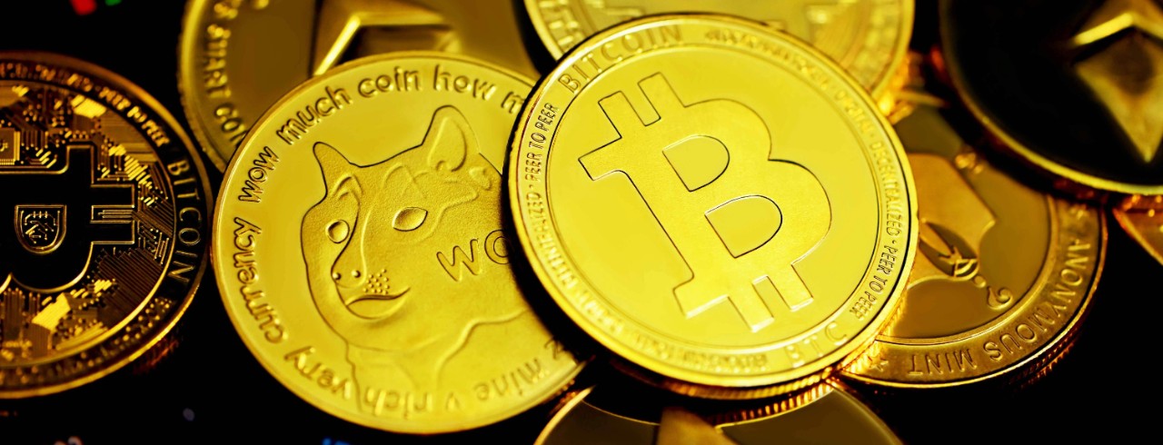 Cryptocurrency coins.