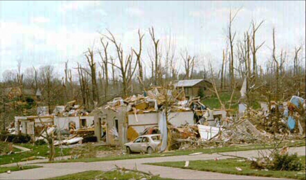 Destroyed homes and a bare trees from a 1999 tornado in Blue Ash.