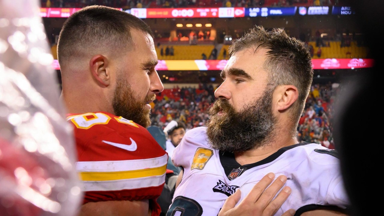Jason and Travis Kelce share a moment after they played one another's teams in the Super Bowl