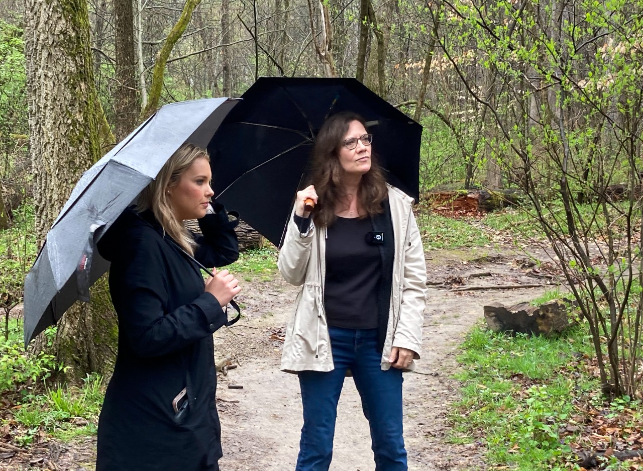 Local12 reporter Chelsea Sick and UC Professor Theresa Culley hike a trail in the rain under umbrellas.
