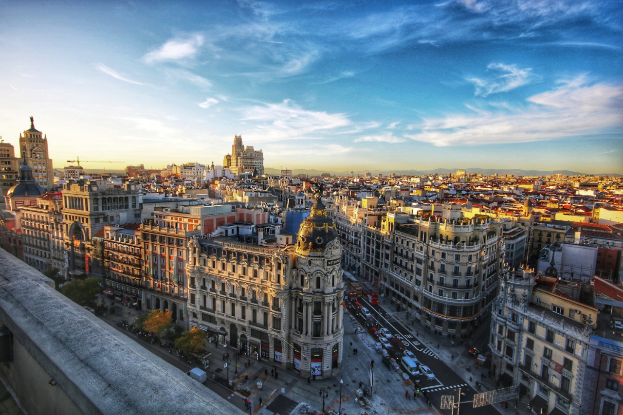 Aerial view of Madrid at sunset.