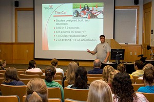 Fred Jabs, UC mechanical engineering student, talks to the WIE camp participants.
