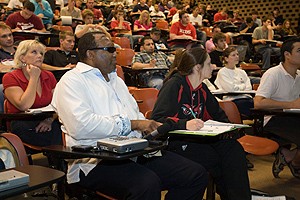 Prince Augustine Nnatubeugo in Assistant Professor Ruth Seiple's Operational Management class.