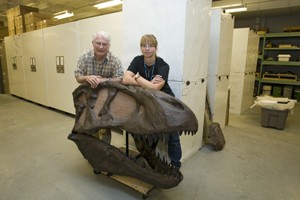 WISE student Sara Oser and Prof David Meyer with a friend at the Natural History Museum from the Upper Jurassic Morrison Formation of Montana.