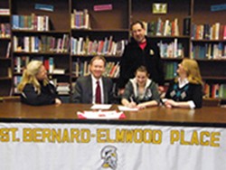 Seated L to R - St. Bernard Coach Denise Haarman, UC Clermont Coach Joe Harpring, Katie Sipe, Elaine Sipe (mother). Standing - James Sipe (father).