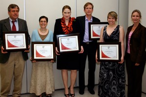 UC McMicken College Dean Valerie Hardcastle (far right) honored (from left to right): Richard Beck, Paula Shear, LisaMarie Luccioni, Chris Gauker and Carolyn Peterson.