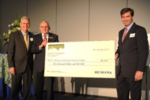 From left: Larry Savage, Regional CEO for Humana, Greg Sojka, Dean of UC Clermont College and Right: Tim Cappel, President Humana of Ohio