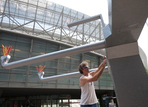 Duck tape sculptures being installed