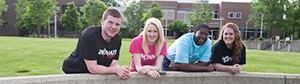 Clermont students on campus in the spring. Nathan Peck, Jackie Young, Mel Mpagi and Meagan Schalk.